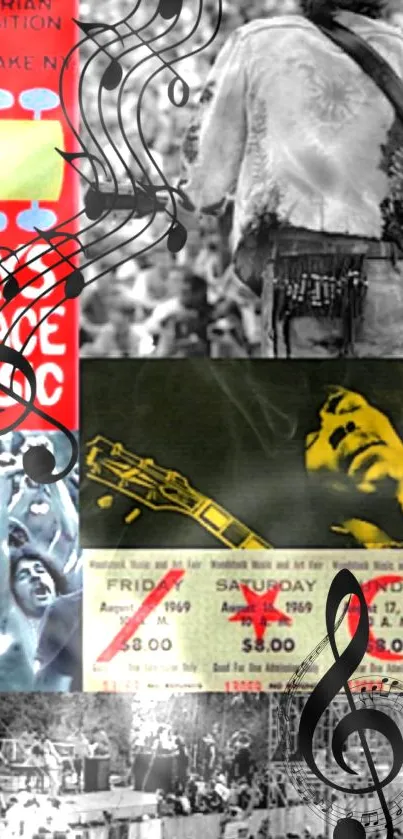 Vintage music festival collage with ticket stubs and performances.