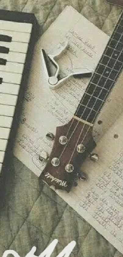 Vintage music-themed wallpaper with keyboard and guitar.