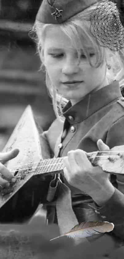 Black and white wallpaper with musician playing guitar in traditional clothing.