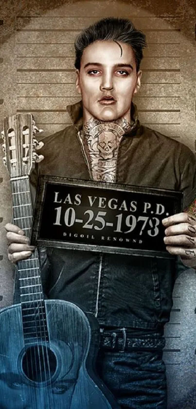 Artistic mugshot of a vintage musician holding a guitar.