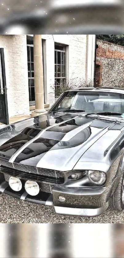 Sleek vintage Mustang car parked outside with black and gray stripes.