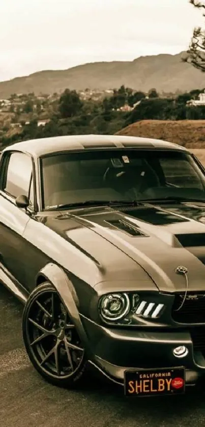 Vintage Mustang car in scenic backdrop, perfect for mobile wallpaper.