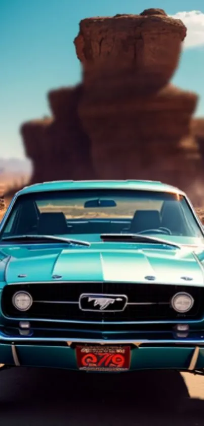 Vintage teal Mustang parked in desert road.