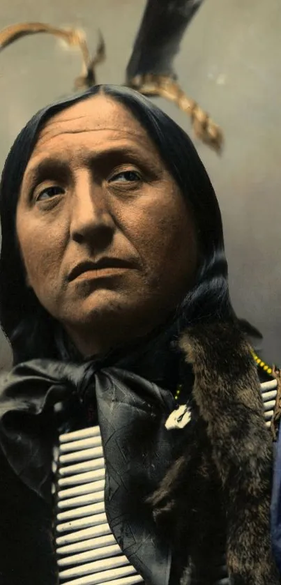 A vintage-style portrait of a Native American in traditional attire with earthy tones.