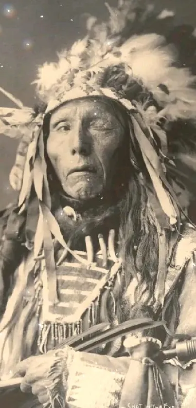 Vintage sepia portrait of a Native American in traditional attire.