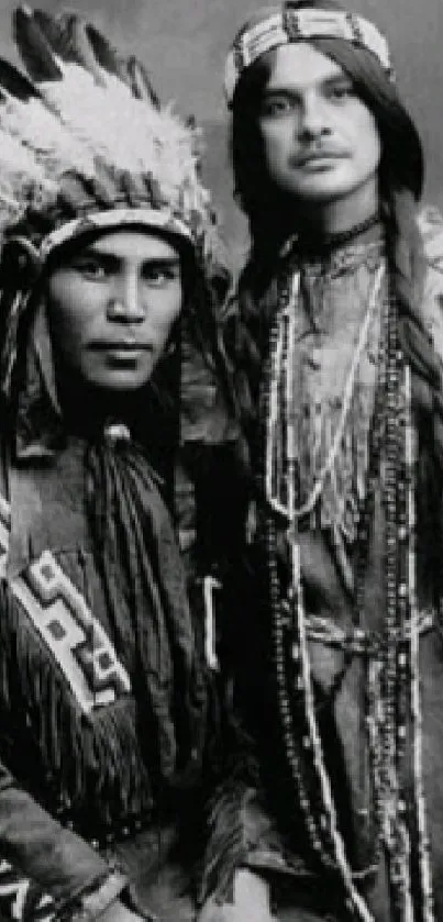 Vintage photo of Native Americans in traditional attire.