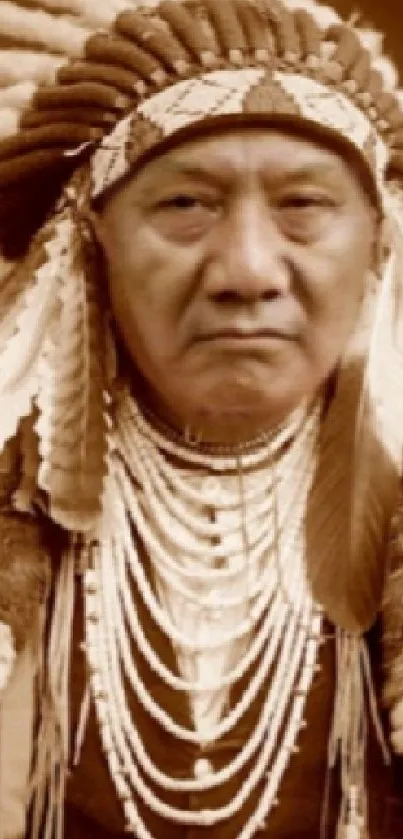 Sepia-toned portrait of a Native American chief in traditional attire.