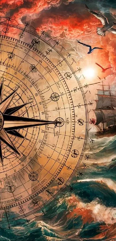 Mobile wallpaper featuring a ship sailing under a large compass with a fiery sunset sky.