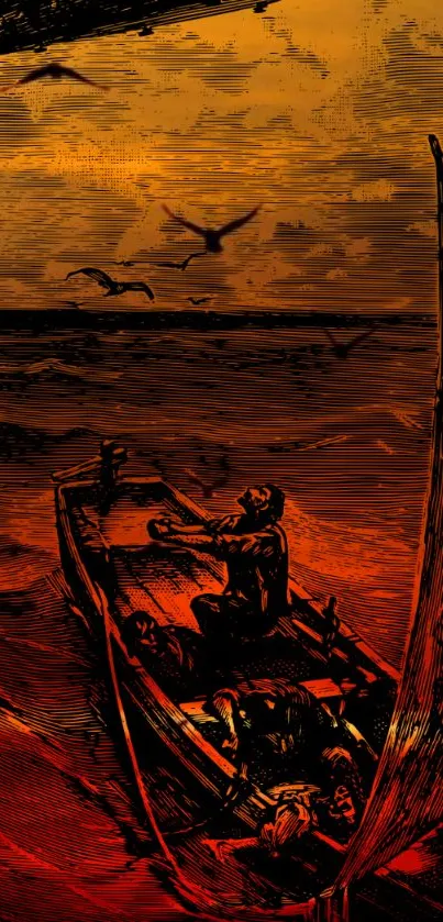 Vintage artwork of a boat on the ocean with seagulls flying above.