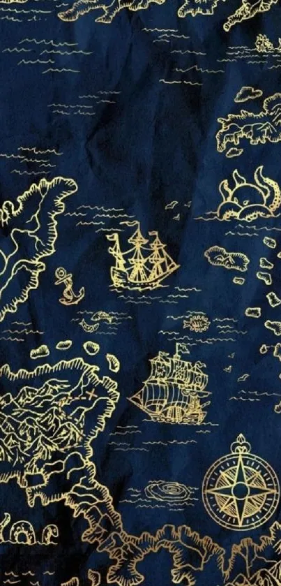 Vintage nautical map with ships and compass on dark blue background.