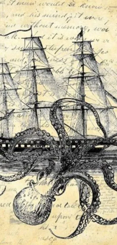 Vintage octopus and ship sketch on parchment paper background.