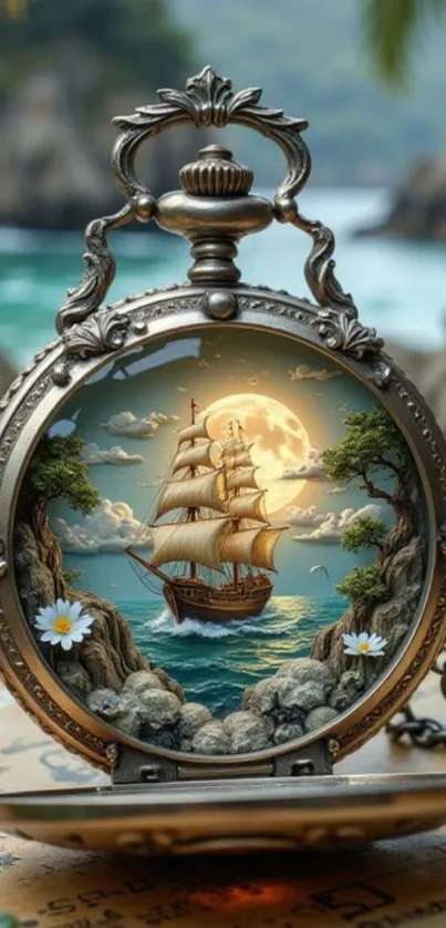 A vintage pocket watch displaying a sailing ship under a full moon on the ocean.
