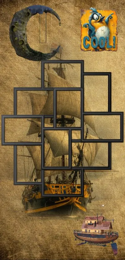 Vintage sailing ship with geometric frames on a textured background.