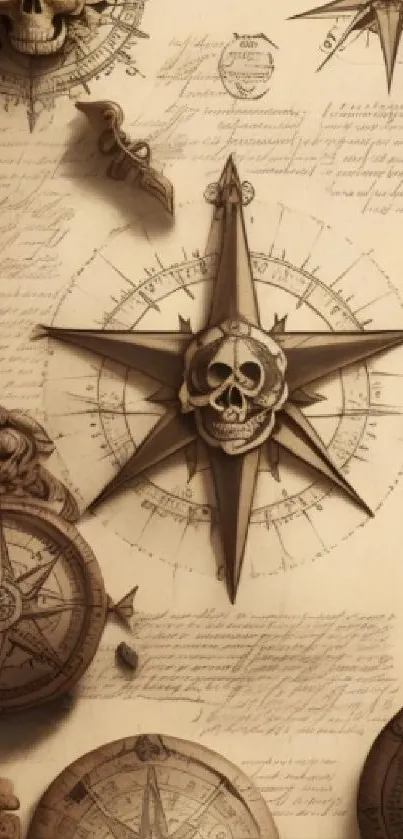 Vintage nautical wallpaper with skull and compass design, perfect for phones.