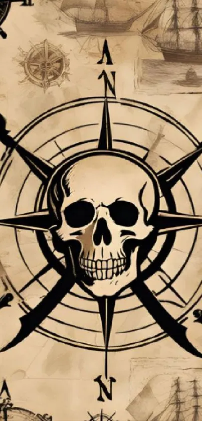 Vintage nautical skull and compass wallpaper with ship elements.