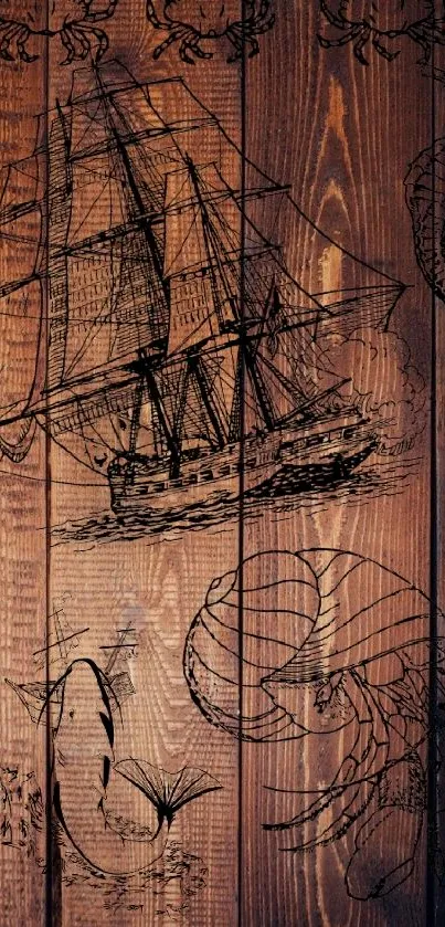 Vintage nautical theme on wood background with ship illustrations.