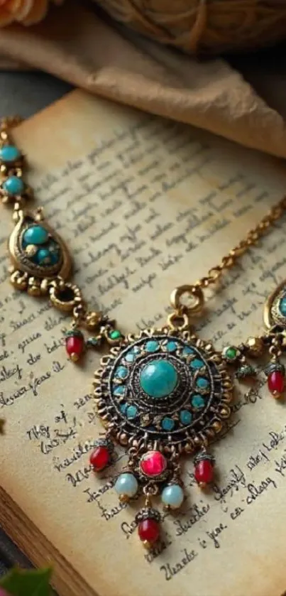 Vintage necklace on an open book with elegant design.