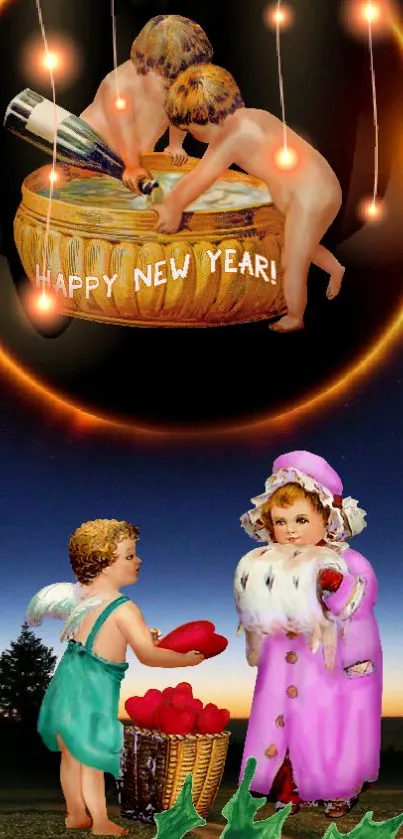 Vintage New Year wallpaper with cherubs and festive decor.