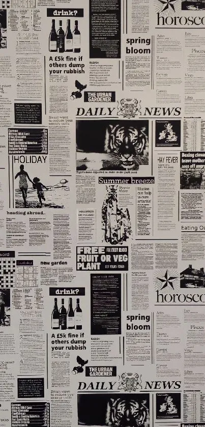 Vintage newspaper collage with monochrome design.