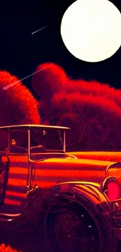 Classic car under a full moon in a surreal red landscape mobile wallpaper.