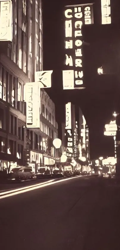 Vintage city street at night with illuminated signs and buildings.