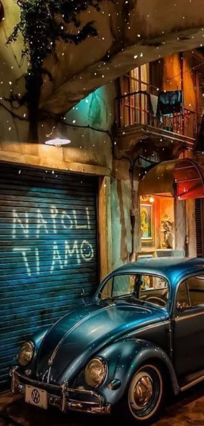 Vintage car under balcony in city night scene with 'Napoli Ti Amo' written.