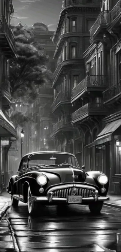 Vintage car under streetlights in a classic cityscape.