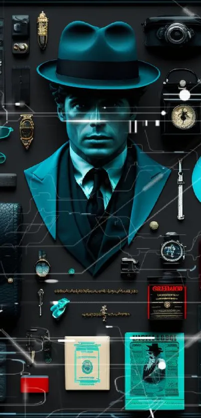 Vintage noir aesthetic wallpaper with teal accents.