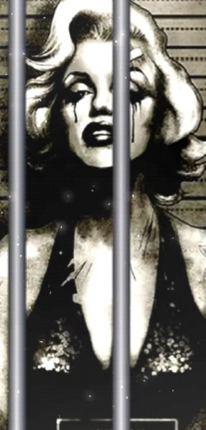 Vintage noir-styled mugshot wallpaper behind bars.