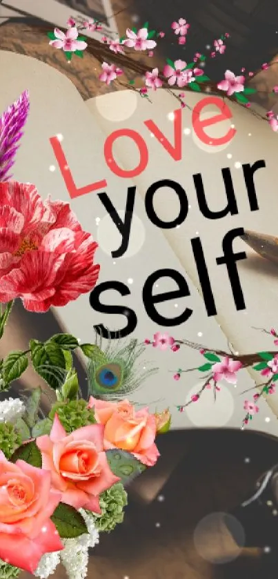 Vintage notebook with flowers and 'Love yourself' text.