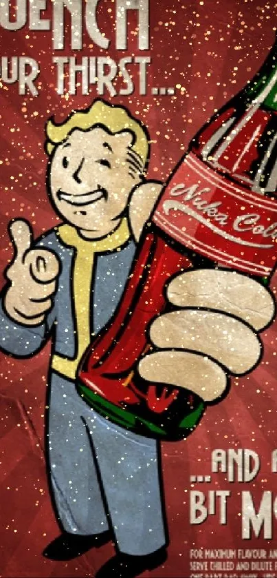 Vintage Nuka-Cola poster with a bottle and cartoon character.