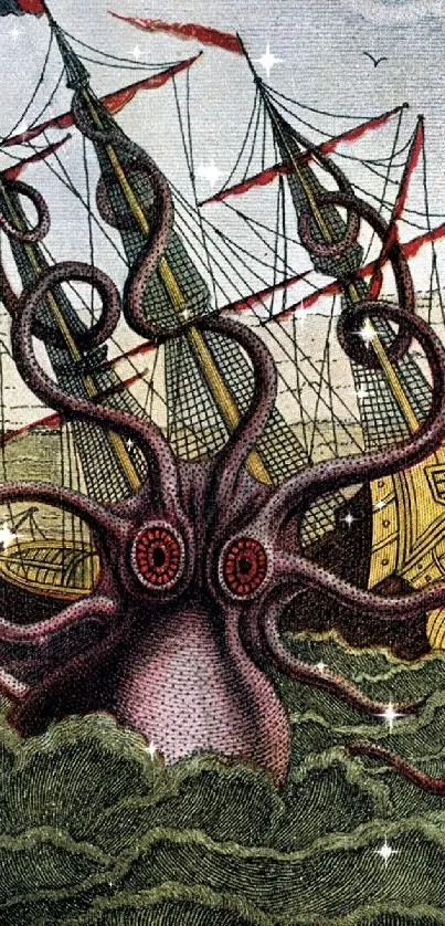 Vintage illustration of an octopus attacking a ship with intricate details.