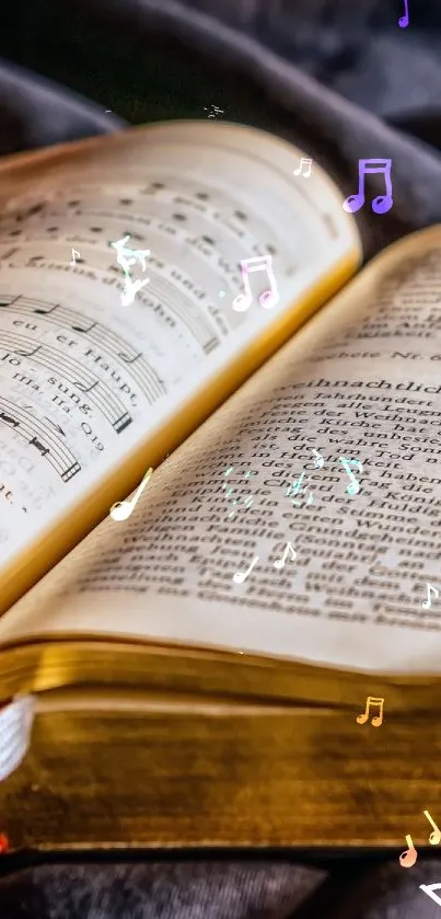 Vintage open book on dark fabric with golden pages and detailed text.