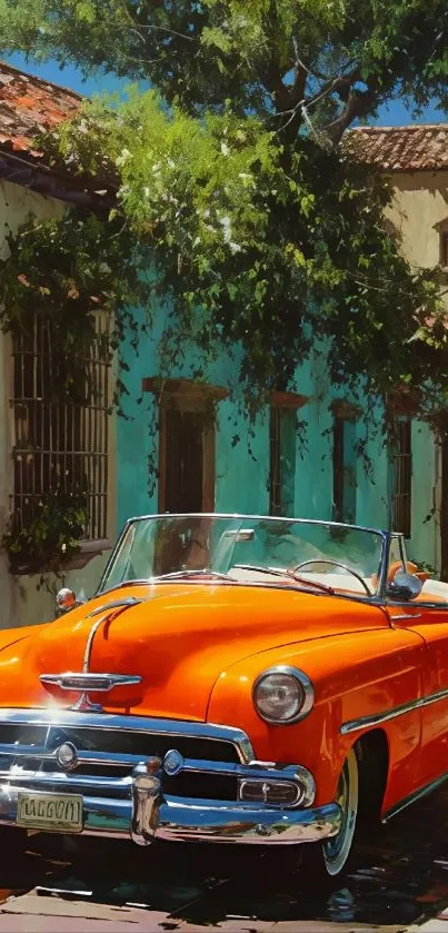 Orange classic car parked on a scenic sunlit street.