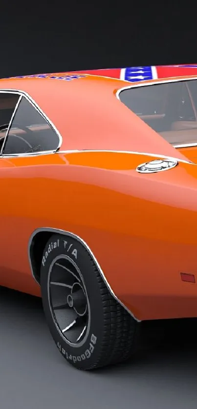 Vivid orange vintage muscle car on a sleek black background.
