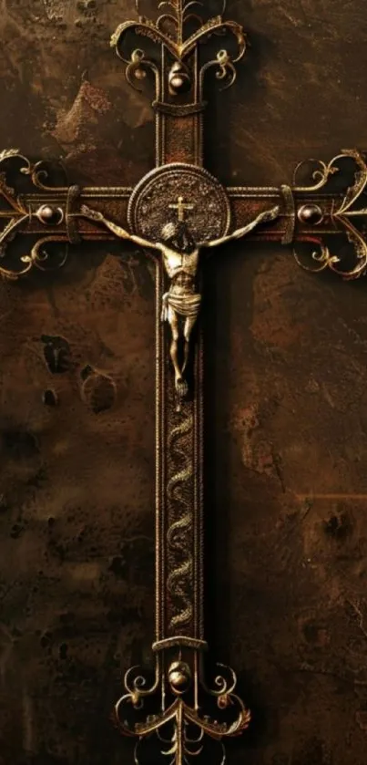 Ornate cross with intricate design on brown background mobile wallpaper.