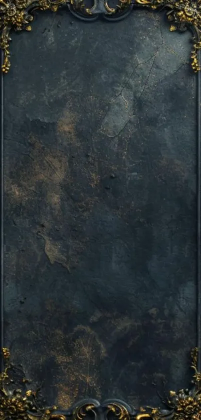Antique dark wallpaper with gold accents and ornate design.
