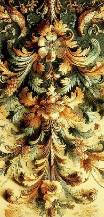 Intricate vintage floral wallpaper with golden and green tones.