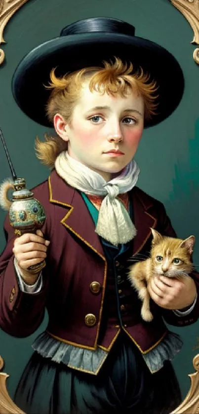 Vintage painting of a child with a kitten in an ornate frame.