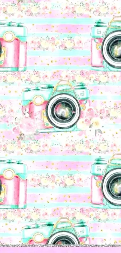 Vintage pastel camera and floral pattern wallpaper.