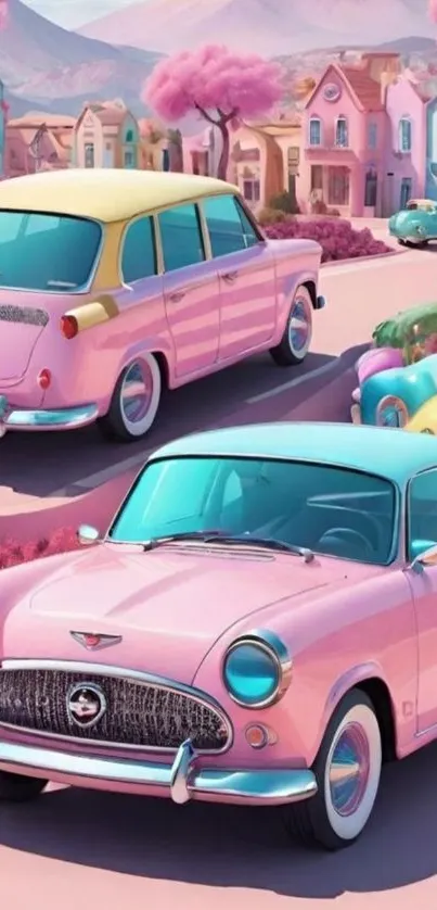 Charming vintage cars in pastel colors with a scenic town backdrop.