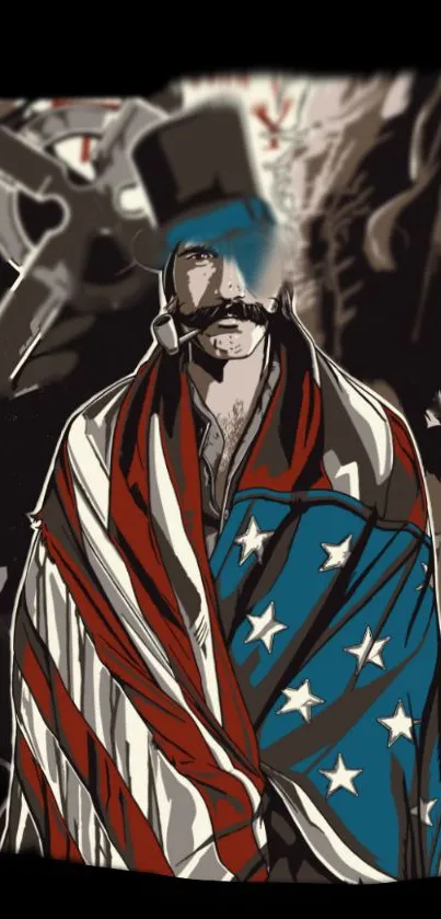 Illustrated character with USA flag and vintage elements.