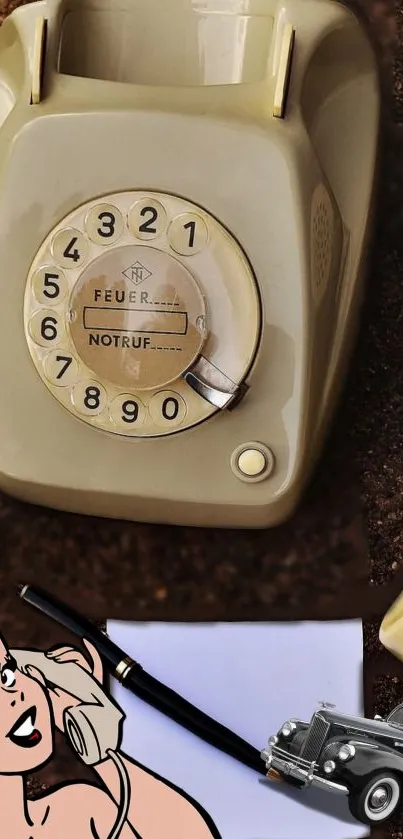 Vintage phone with a rotary dial, pen, and classic car.