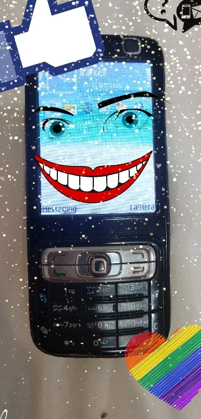 Vintage phone with digital art and colorful decorations.