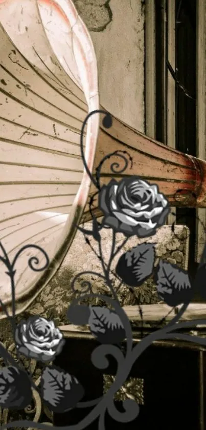 Vintage phonograph with black roses on rustic wallpaper.