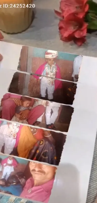 Hands hold a vintage photo collage with family images.