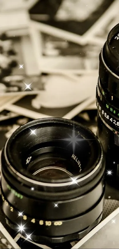 Vintage lenses on nostalgic photos, sepia tones.