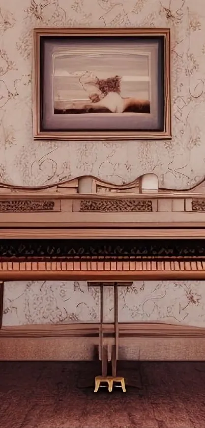 Vintage piano with artistic wallpaper design.