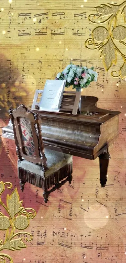 Vintage piano with floral and musical notes background wallpaper.