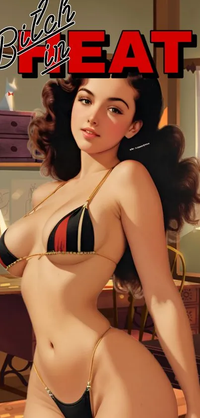 Vintage pin-up art wallpaper featuring a stylish woman in a bikini.